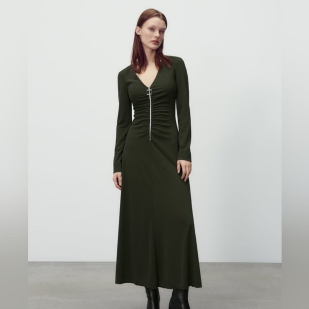 ZARA draped zippered long dress dark green